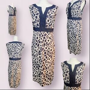 Chic Patterned Midi Dress in Navy and Cream